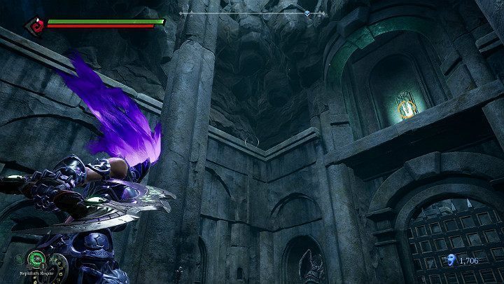 Ustaw się mniej więcej w centralnym punkcie pomieszczenia, a następnie zaznacz górny kryształ i dwa boczne, znajdujące się na filarach za Twoimi plecami - Zapomniane jezioro | Solucja do gry Darksiders 3 - Darksiders 3 - poradnik do gry