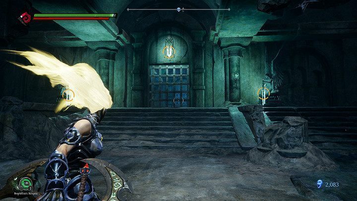 Umieść miecz w posągu po lewej stronie, a następnie odsuń się i zaznacz 3 cele widoczne na powyższym obrazku - Zapomniane jezioro | Solucja do gry Darksiders 3 - Darksiders 3 - poradnik do gry