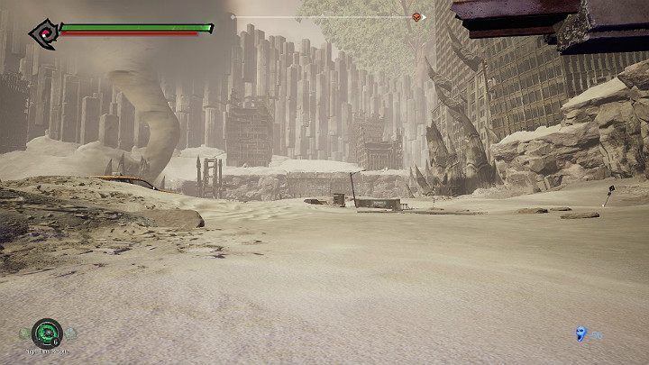 Poczekaj, aż trąba powietrzna przesunie się do punktu widocznego na powyższym obrazku i biegnij do kolejnego tunelu - Niziny - Blizna | Solucja do gry Darksiders 3 - Darksiders 3 - poradnik do gry