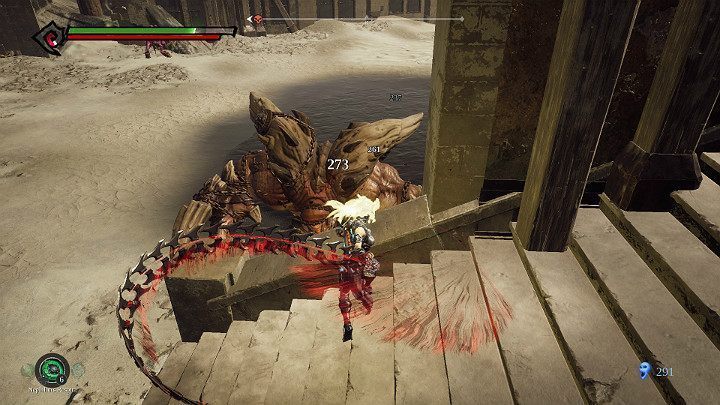 Zwab przeciwnika w miejsce pokazane na powyższym obrazku i po prostu uderzaj go, dopóki nie padnie - Niziny - Blizna | Solucja do gry Darksiders 3 - Darksiders 3 - poradnik do gry