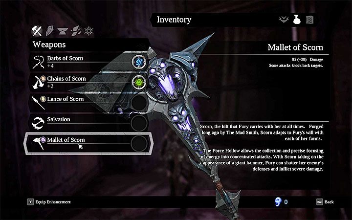 Po tym jak zdobędziesz jakieś udoskonalenie przejdź do inwentarza - Jak zamontować udoskonalenie broni w Darksiders 3? - Darksiders 3 - poradnik do gry