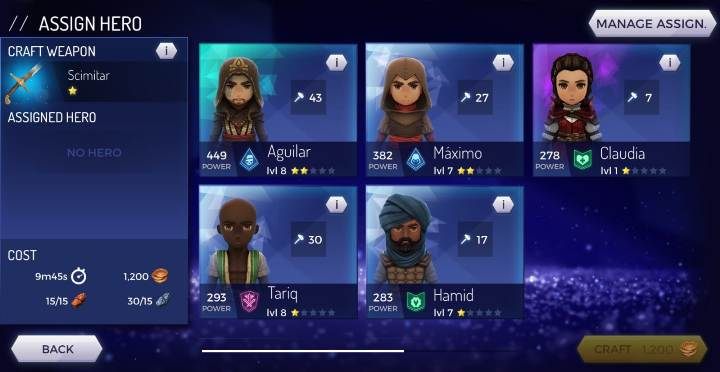 Potem pozostaje ci wybrać interesującą cię broń oraz postać, które ją stworzy, a po kilku minutach twoja nowa broń będzie już dostępna - Broń w Assassins Creed Rebellion - Assassins Creed Rebellion - poradnik do gry