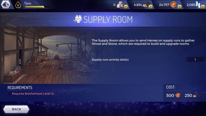 Po zdobyciu 12 poziomu doświadczenia odblokujesz Supply Room - Surowce do budowy kwatery głównej - Assassins Creed Rebellion - poradnik do gry