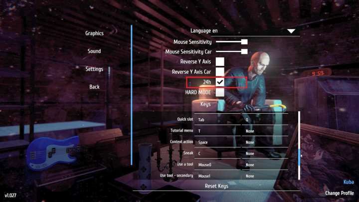 Sposób wyświetlania czasu zmienić możesz zaznaczając opcję 24h. - Jak zmienić sposób wyświetlania czasu w Thief Simulator - Thief Simulator - poradnik do gry