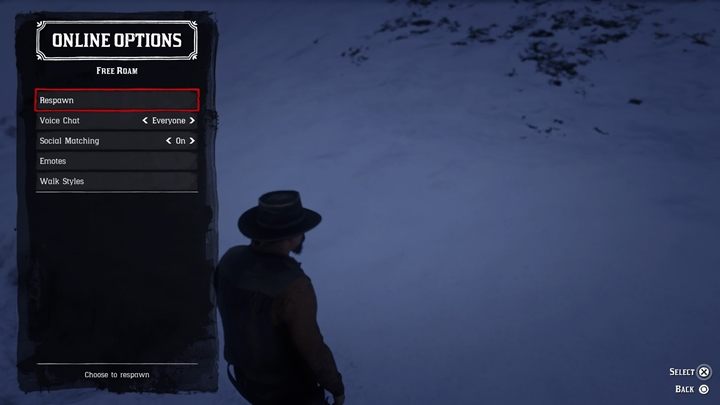 Przejdź do opcji online (lewy krzyżak na padzie) i wybierz opcję zabicia się - Porady na start w Red Dead Online - Red Dead Online - poradnik do gry