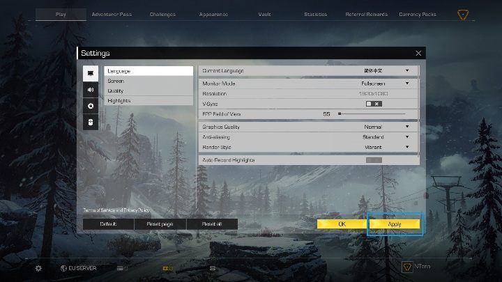 Aby język w grze się zmienił musisz zaakceptować swój wybór klikając Apply - Jak zmienić język w grze w Ring of Elysium? - Ring of Elysium - poradnik do gry