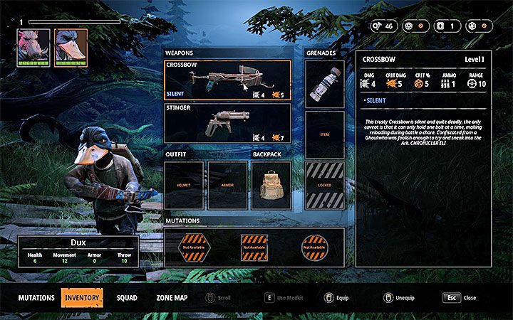 Pierwsza kusza (Crossbow) jest w inwentarzu Duxa od momentu rozpoczęcia gry - Jak zdobywać ciche bronie w Mutant Year Zero? - Mutant Year Zero - poradnik do gry