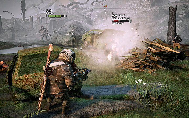 Wspomniany Chief Deadfinger dysponuje karabinem snajperskim i w rezultacie ważniejsze niż zazwyczaj jest korzystanie z pełnych zasłon (w dalszej części bitwy mogą to być ściany budynków) - Scraplands - Atlas świata Mutant Year Zero - Mutant Year Zero - poradnik do gry