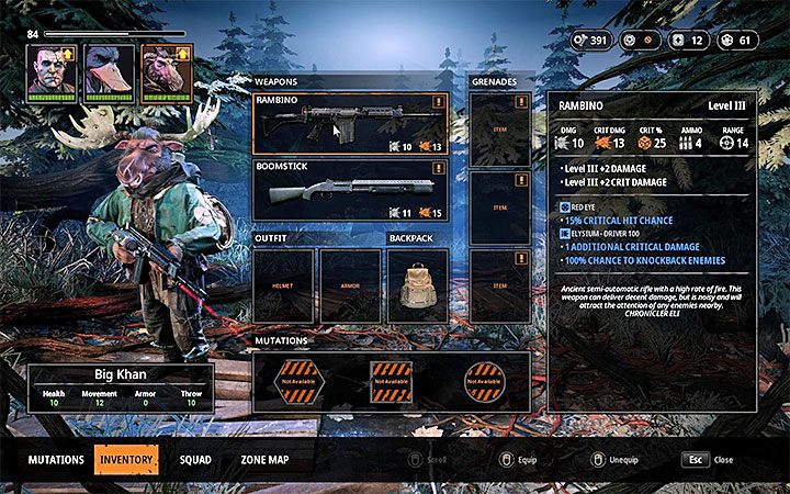 Wielki Khan w momencie dołączenia do drużyny posiada dwie bardzo dobre bronie - karabin półautomatyczny Rambino oraz strzelbę Boomstick - Wielki Khan - nowy członek drużyny | Mutant Year Zero Seed of Evil - Mutant Year Zero - poradnik do gry