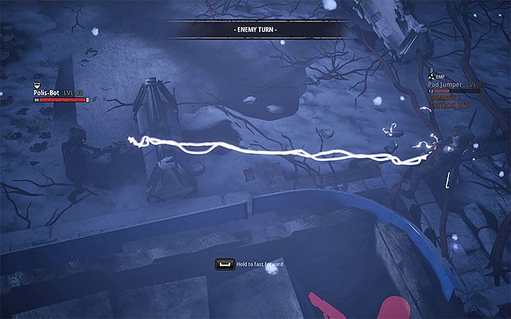 Na przeciwległym końcu pola bitwy przebywają roboty Polis-Bot oraz Polis-Bot Enforcer - Zamarznięte miasto | Solucja Mutant Year Zero Seed of Evil - Mutant Year Zero - poradnik do gry