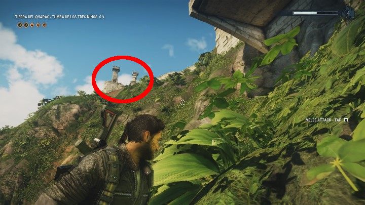 U podnóża lokacji odnajdziesz wystający fragment budynku, a po jego lewej stronie ujrzysz dwa filary widoczne na powyższym obrazku - Just Cause 4: Tumba De Los Tres Ninos | Grobowce - Just Cause 4 - poradnik do gry