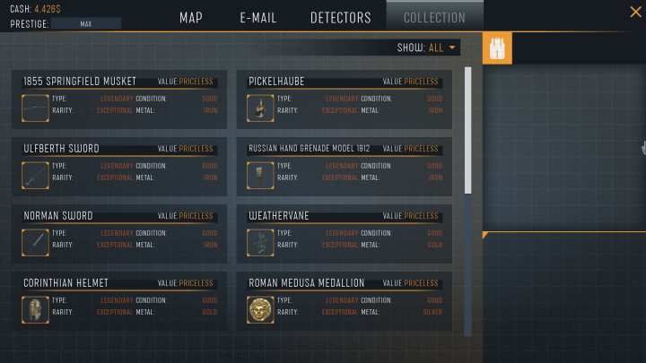 W zakładce COLLECTION znajdziesz wszystkie aktualnie posiadane skarby. - Sprzedaż skarbów w Treasure Hunter Simulator - Treasure Hunter Simulator - poradnik do gry