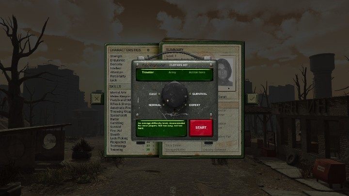 Strój wybierasz w okienku, w którym wybierasz również poziom trudności - ATOM RPG - poradnik do gry