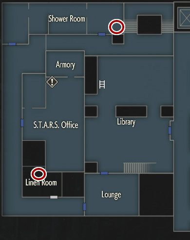 Jeden z przycisków odnajdziesz przy Prysznicach (2F) - Wszystkie ulepszenia ekwipunku w Resident Evil 2 - Resident Evil 2 - poradnik do gry