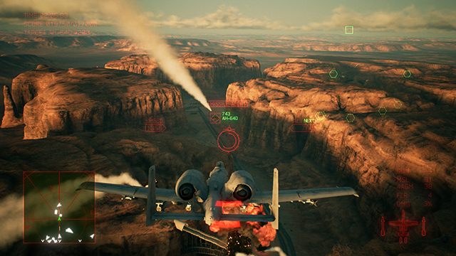 Małe czerwone koło informuje nas, że cel jest w zsięgu działka pokładowego. - Atakowanie celów naziemnych w Ace Combat 7 - Ace Combat 7 Skies Unknown - poradnik do gry