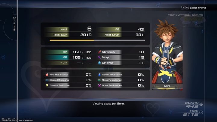 Co każdy awans na wyższy poziom, Sora i inni bohaterowie mogą zyskać bonus do następujących parametrów: HP, MP, Strength (siła ataków bezpośrednich), Magic (siła ataków magicznych), Defense (Odporność na ataki) - Rozwój Sory i reszty drużyny w Kingdom Hearts 3 - Kingdom Hearts 3 - poradnik do gry