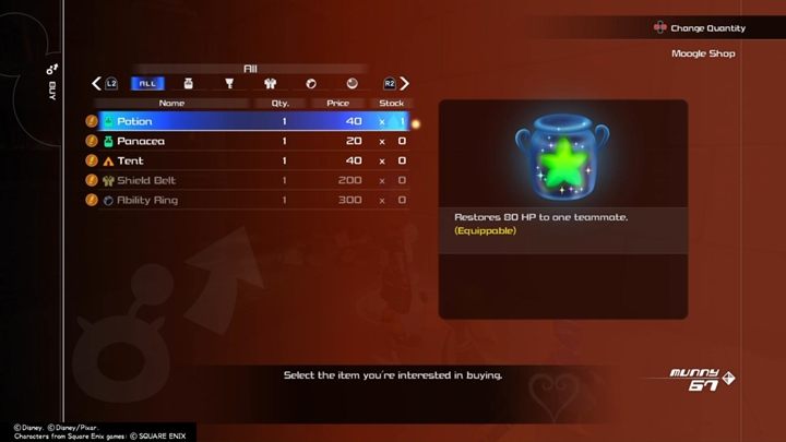 W Moogle shop możesz kupować wyposażenie dla postaci, takie jak potiony, tent i inne, cenne akcesoria - Porady na start Kingdom Hearts 3 - Kingdom Hearts 3 - poradnik do gry