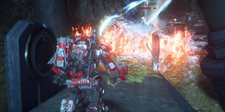 Pozostała część grupy (czasem wystarczy nawet jedna osoba) odpiera ataki skorpionów, osłaniając pozostałą część grupy - Kopalnie Tyrana | Fortyfikacje w Anthem - Anthem - poradnik do gry