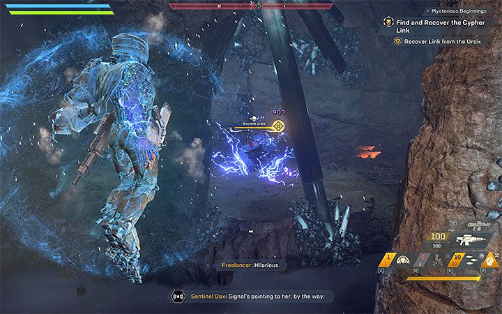 To jeszcze nie wszystko, gdyż po pokonaniu pary goryli w tej samej jaskini pojawi się jeszcze silniejszy pradawny Ursix (Ancient Ursix) - Tajemnicze początki | Solucja do gry Anthem - Anthem - poradnik do gry