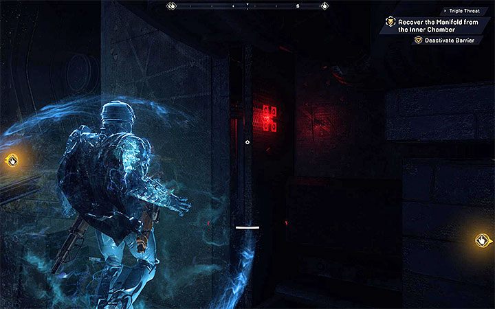 Druga podpowiedź to mały symbol wyświetlany na wysokiej ścianie obok wrót - Triple Threat | Solucja do gry Anthem - Anthem - poradnik do gry