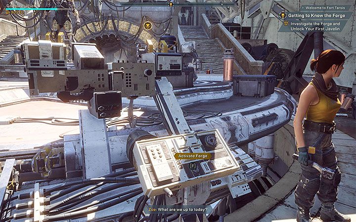 Dotrzyj do dużego okrągłego podestu, na którym znajduje się aktualnie wybrany javelin bohatera - Gdzie jest Kuźnia w Anthem? - Anthem - poradnik do gry