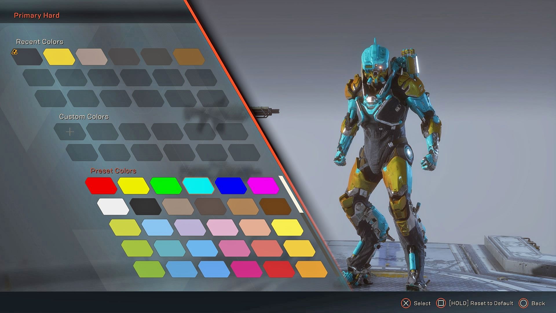 Dopiero po tym jak klikniesz na prawej części przycisku otworzy się poszukiwane okno z dostępnymi kolorami do wyboru (w wyjątkowych przypadkach pełna paleta może być niedostępna) - Jak zmienić kolor Javelina w Anthem? - Anthem - poradnik do gry