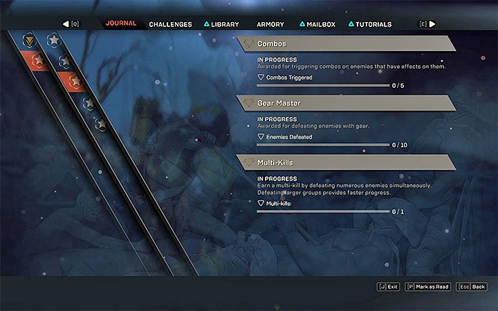 Listę dostępnych Czynów (Feats) oraz Wyzwań (Challenges) możesz przejrzeć z poziomu dziennika i dokładniej opisaliśmy je też na osobnych stronach poradnika - Porady na start w Anthem - Anthem - poradnik do gry