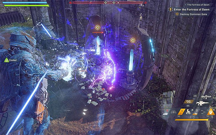 Po pozbyciu się pięciu kotwic musisz dodatkowo zniszczyć bramę Dominionu (Dominion Gate) i jest to równoznaczne z koniecznością zneutralizowania dwóch kolejnych kotwic umieszczonych po bokach bramy - Twierdza Świtu | Solucja do gry Anthem - Anthem - poradnik do gry