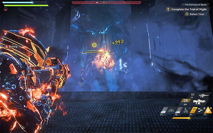 Załączy się pierwsza Próba (Trial of Might), w której do pokonania jest Pradawny Tytan (Ancient Ash Titan) - Twierdza Świtu | Solucja do gry Anthem - Anthem - poradnik do gry