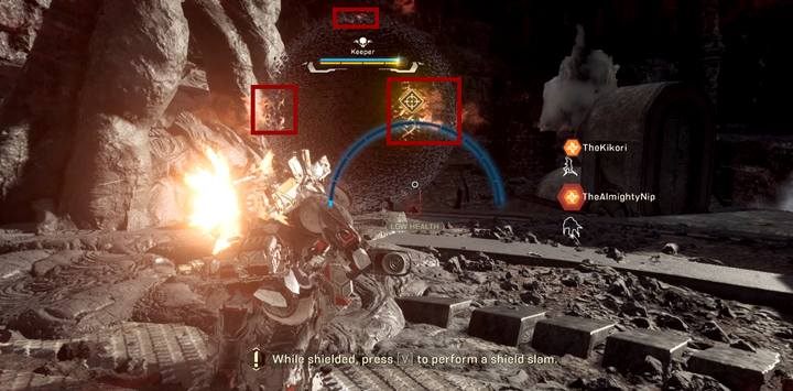 Atakuj czerwone plamy na czarnej tarczy Furii; gdy są schowane jest to jednak dobry moment na reanimację sojuszników - Serce Furii (Heart of Rage) | Fortyfikacje w Anthem - Anthem - poradnik do gry