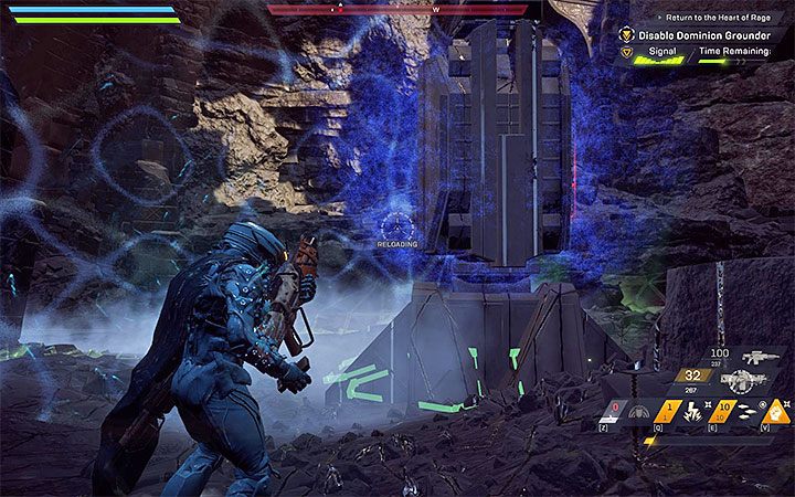 W jednym z kolejnych obszarów wyłączona zostanie opcja lotu i w związku z tym zmuszony zostaniesz do zniszczenia urządzenia zwanego uziemiaczem (Grounder) - Repairs and Inspiration; Return to the Heart of Rage | Solucja do gry Anthem - Anthem - poradnik do gry