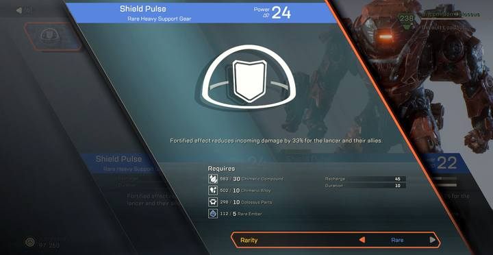 Wybierz schemat, by poznać wymagania w surowcach do utworzenia przedmiotu - Crafting w Anthem - Tworzenie przedmiotów - Anthem - poradnik do gry