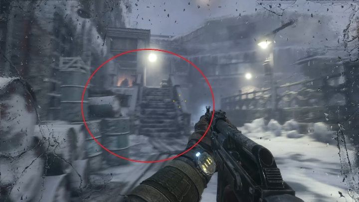 Twoim kolejnym zadaniem jest ciche wejście po schodach pokazanych na screenie powyżej - Metro Exodus: Wewnątrz wrogiej bazy, Moskwa - solucja - Metro Exodus - poradnik do gry