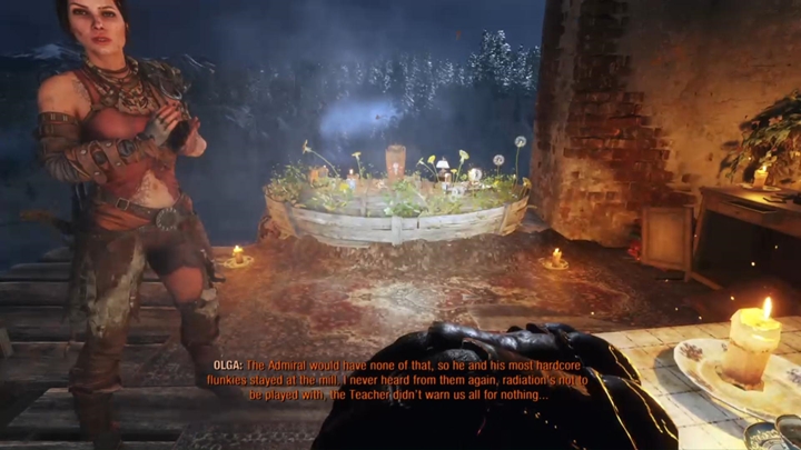 Na górze spotkasz Olgę, która opowie ci o sytuacji w Tajdze i konflikcie między lokalnymi mieszkańcami - Metro Exodus: Obozowisko bandytów i cmentarz, Tajga - solucja - Metro Exodus - poradnik do gry