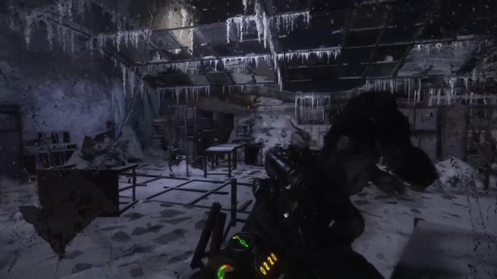 Na górze po halucynacjach zobaczysz kolejną wielką małpę, tym razem w pokoju pełnym stołów - Metro Exodus: Halucynacje i ślepe bestie, Martwe Miasto - solucja - Metro Exodus - poradnik do gry