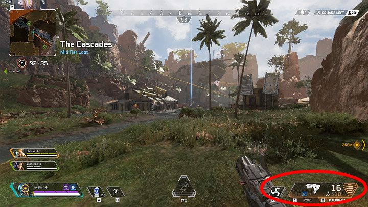 Z prawej strony ekranu wyświetla się broń, którą masz na wyposażeniu wraz z ulepszeniami i ilością dostępnej amunicji - Interfejs na ekranie w Apex Legends - Apex Legends - poradnik do gry