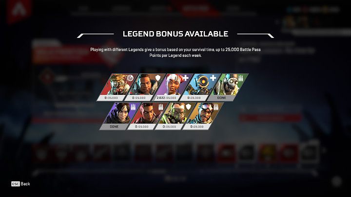 W przeciągu trwania pierwszej przepustki bojowej w grze Apex Legends możesz zdobyć aż 225 000 dodatkowych punktów doświadczenia każdego tygodnia, jeśli posiadasz odblokowane wszystkie 9 postaci - Jak levelować przepustkę bojową w Apex Legends? - Apex Legends - poradnik do gry