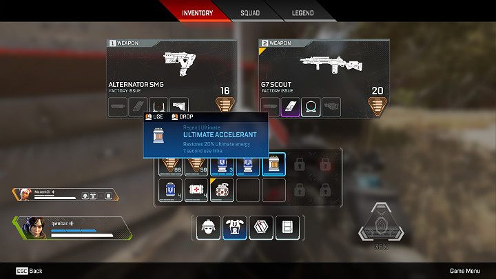 Aby użyć przedmiotu Ultimate Accelerant wejdź do ekwipunku i użyj na nim przycisku odpowiedzialnego za wykonywanie akcji - Jak szybciej naładować zdolność specjalną w grze Apex Legends? - Apex Legends - poradnik do gry
