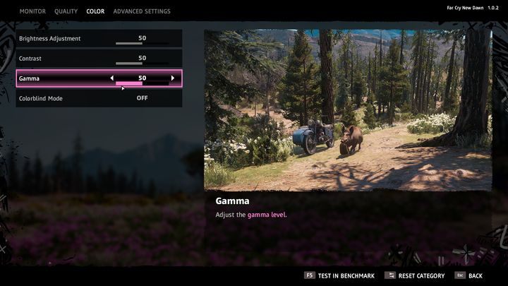 Ustawienia ta zwierają opcje takie jak: Jasność, Kontrast i Gamma, które wpływają na ostrość wyświetlanych na ekranie kolorów - Wymagania sprzętowe Far Cry New Dawn - Far Cry New Dawn - poradnik do gry