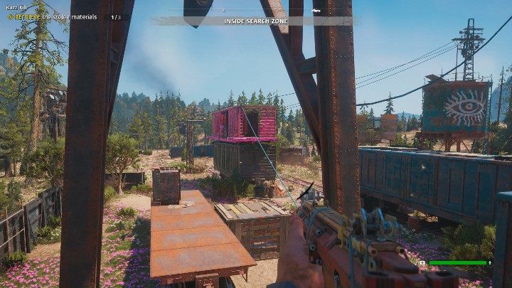 Do kolejnego różowego wagonu (przedstawionego na powyższym obrazku) dostaniesz się dzięki linie umieszczonej na wieży z symbolem oka - Nudziarz | Zadania specjalistów w Far Cry New Dawn - Far Cry New Dawn - poradnik do gry