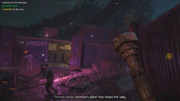 Po chwili dołączy do ciebie grupa sojuszników, a twoim nowym celem będzie ucieczka w stronę rzeki - Wyczołgując się z wraku | Solucja Far Cry New Dawn - Far Cry New Dawn - poradnik do gry