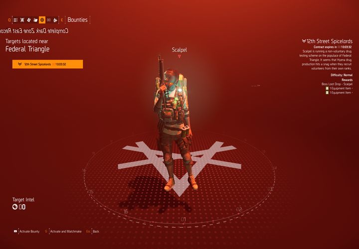 Ekran Polowania, dostępny z poziomu mapy (w zakładkach, domyślnie pod klawiszem Q i E). - Jak odblokować Polowanie w Division 2? - The Division 2 - poradnik do gry