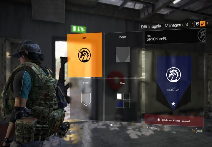 Ekran personalizacji Insygnii pozwala na wybór obramowania, kolorów, a także wzorów. - Jak zmieniać wygląd klanu w The Division 2? - The Division 2 - poradnik do gry
