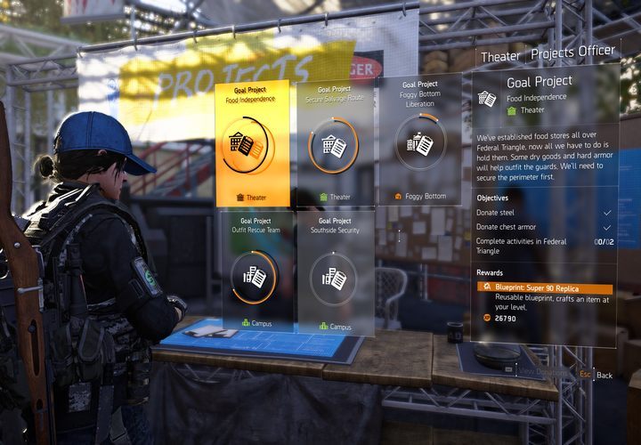 Ekran projektów pozwala na szybkie zorientowanie się w wymaganiach i nagrodach za projekty. - Projekty | Baza operacyjna i osady w The Division 2 - The Division 2 - poradnik do gry