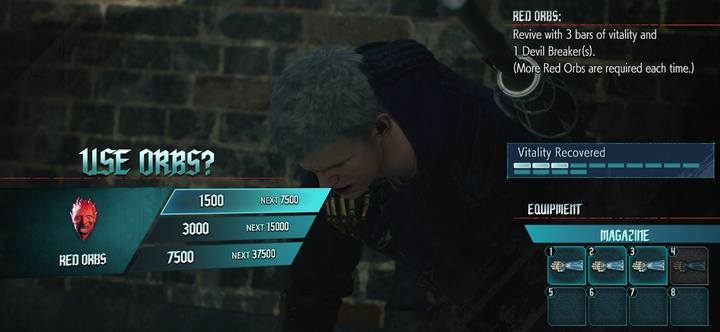 Możesz zadecydować, ile pasków zdrowia chcesz zregenerować, za wskazaną kwotę w przypadku czerwonych kul - Śmierć i jej unikanie w Devil May Cry 5 - Devil May Cry 5 - poradnik do gry