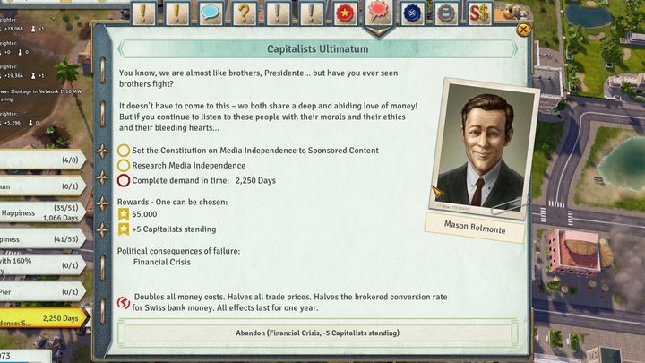 Ultimatum od kapitalistów będzie częstym widokiem. - Better Red Than Dead - misja w Tropico 6 - Tropico 6 - poradnik do gry