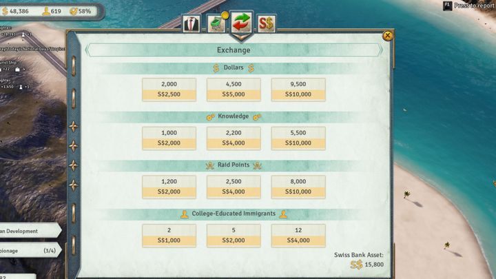 Drugą możliwą opcją wydawania pieniędzy z konta szwajcarskiego jest kupowanie różnego rodzaju wpływów oraz wywoływanie konkretnych efektów - Broker w Tropico 6 - Tropico 6 - poradnik do gry