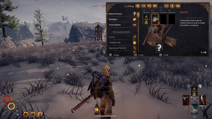 W menu craftingu ułóż lampę i Thick Oil, tak jak na powyższym obrazku - w ten sposób uzupełnisz poziom oleju w lampie. - Jak uzupełnić olej w lampie w Outward? - Outward - poradnik do gry