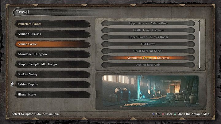 Problem, o którymi mówimy, pokazuje powyższy obrazek - gra nagle zablokuje dostęp do wszystkich posążków rzeźbiarza w Zamku w Ashinie za wyjątkiem jednego - Dlaczego nie mogę teleportować się do Zamku w Ashinie w Sekiro? - Sekiro Shadows Die Twice - poradnik do gry