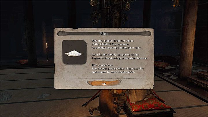 Ryż otrzymasz automatycznie w trakcie pierwszej rozmowy z Dzieckiem Odnowienia - Ryż | Przedmioty specjalne w Sekiro Shadows Die Twice - Sekiro Shadows Die Twice - poradnik do gry